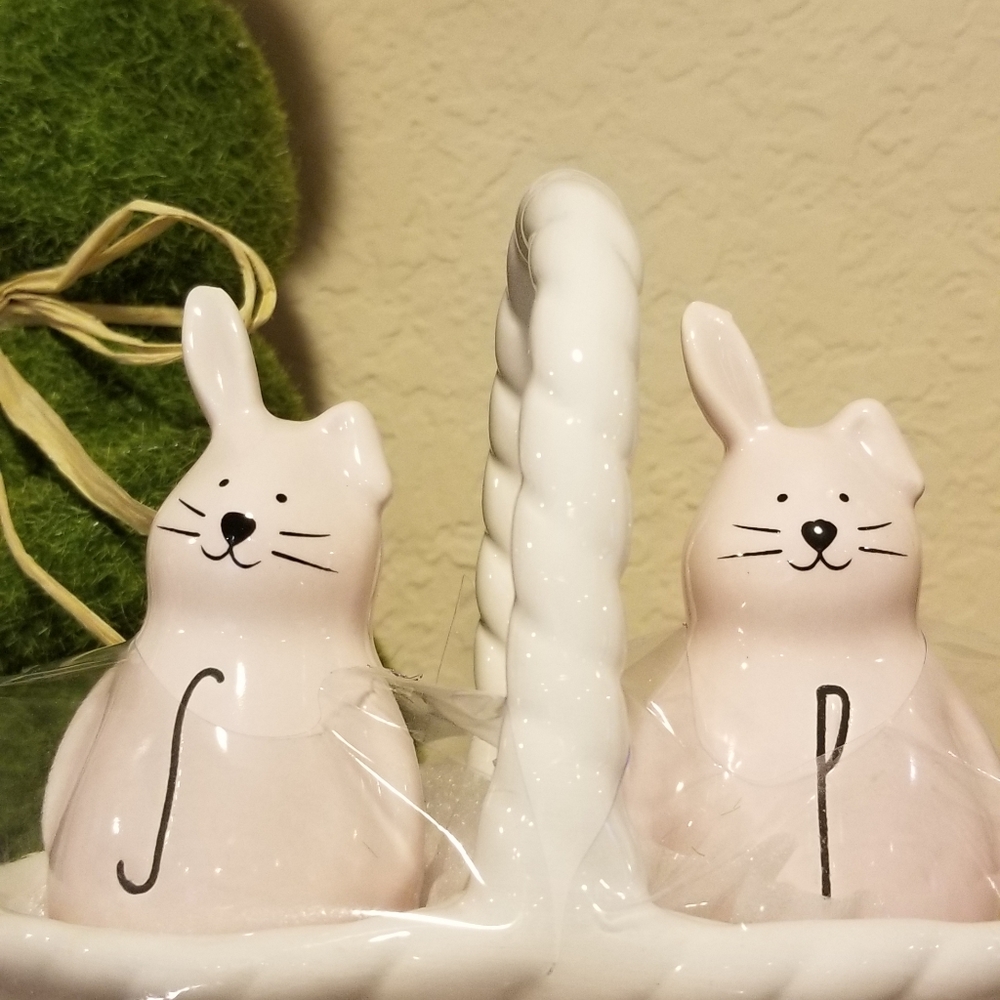 Rae dunn Pink easter bunnies in white basket ceramic salt and pepper shaker set